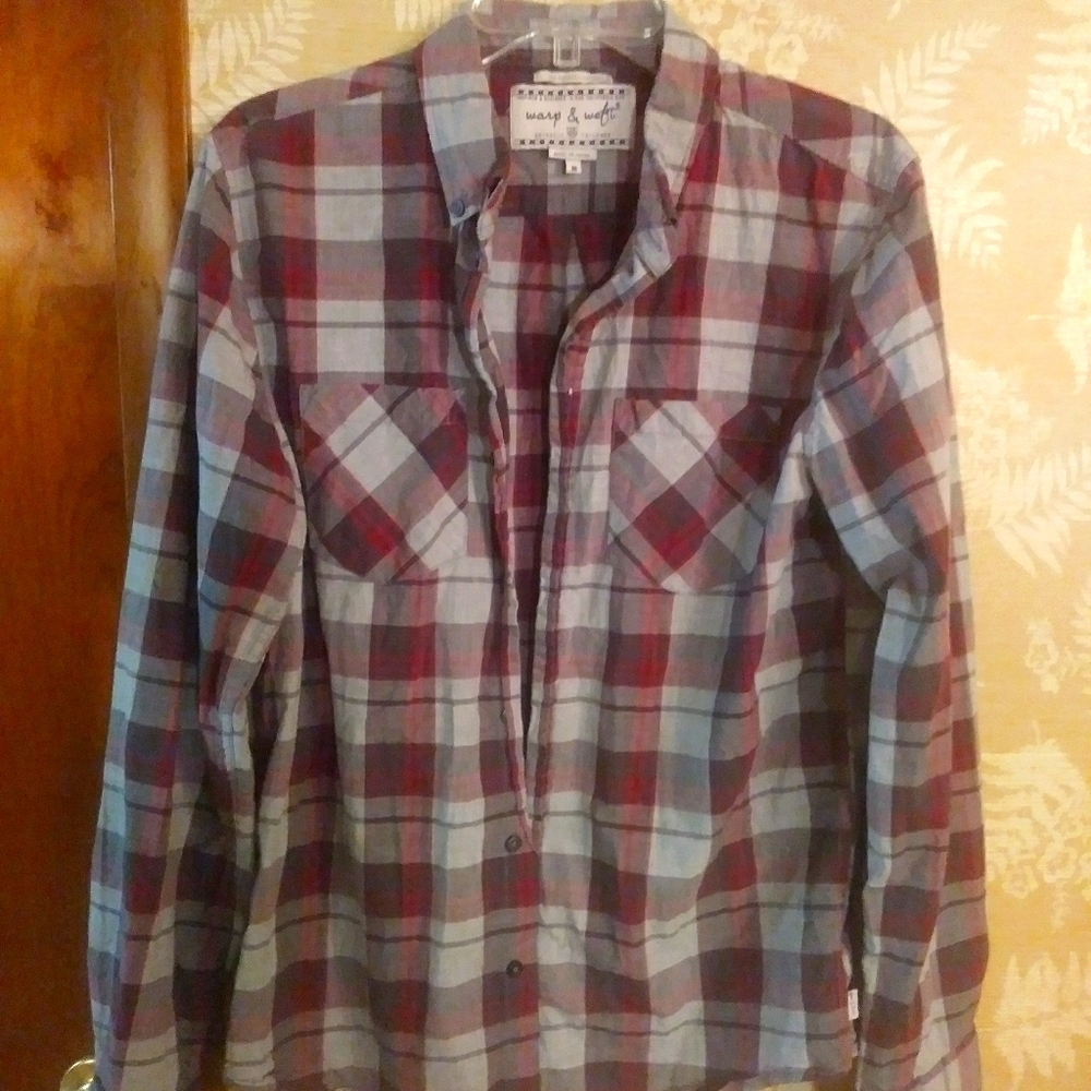 Warp & Weft mens plaid button shirt red white grey